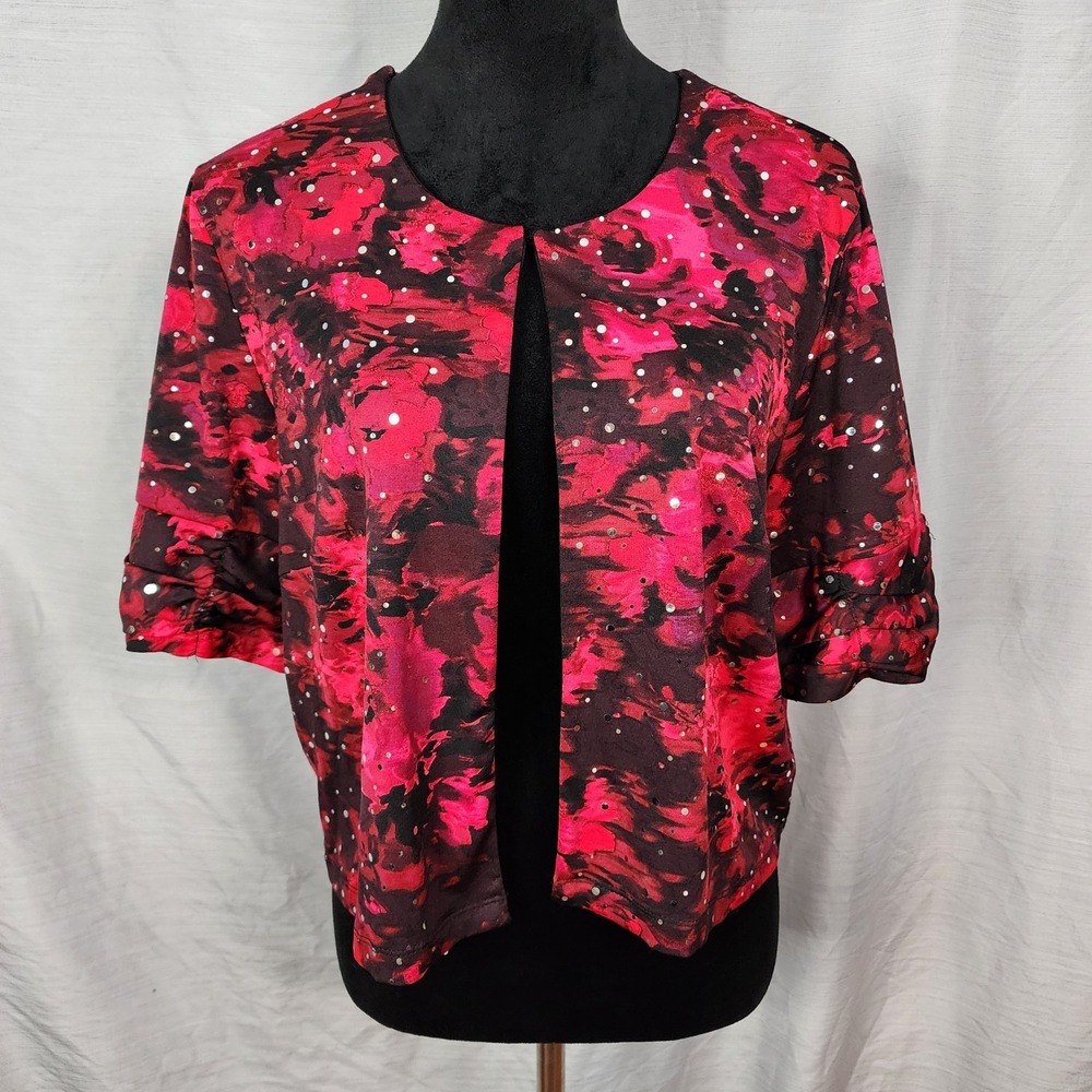 PERCEPTIONS NY Size XL Red Roses Ruched Half Sleeve Stretch Knit Silver Jacket
